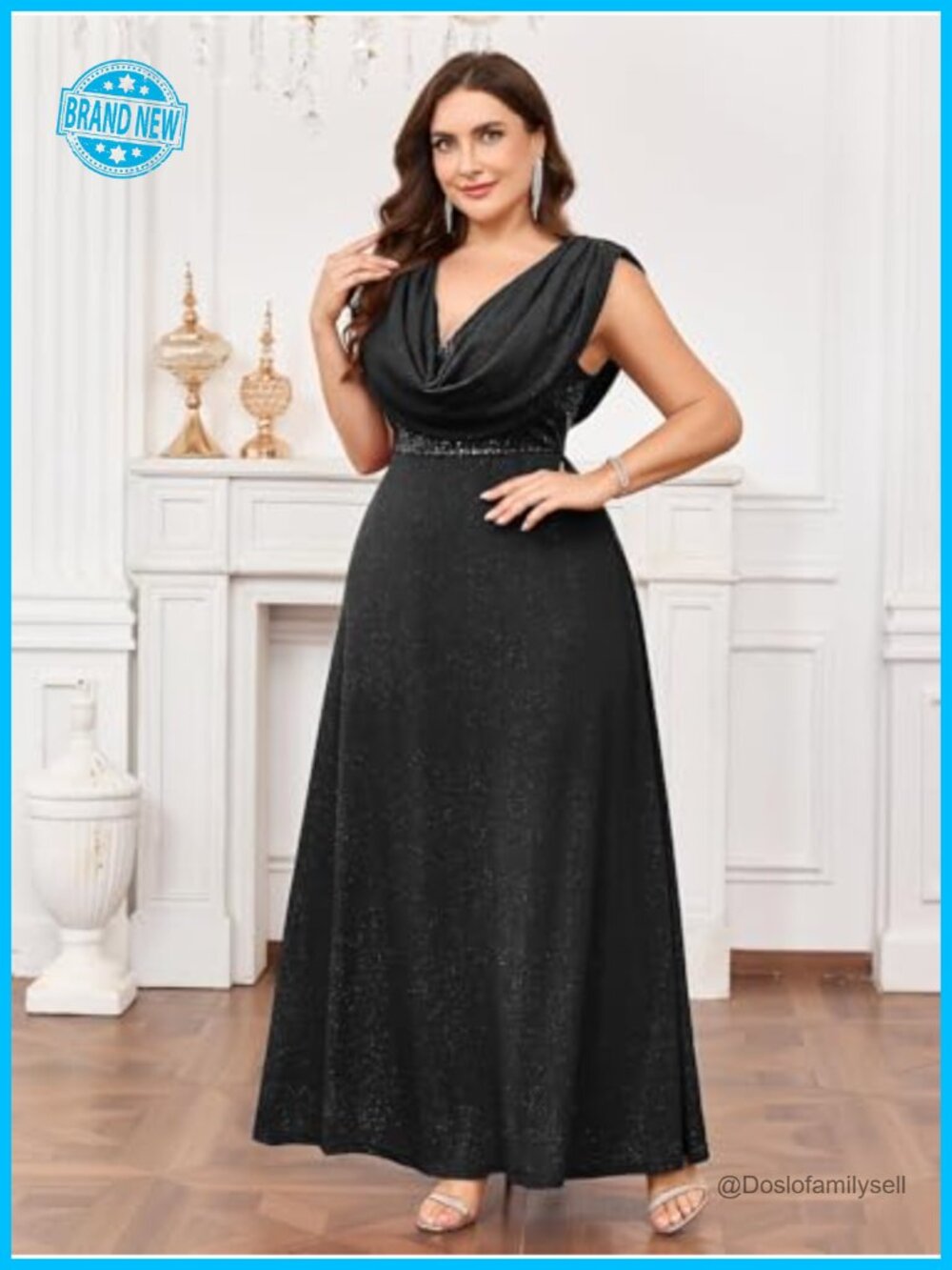 Plus Size Sequin Maxi Dress Cowl Neck Sleeveless Formal Prom Gown - Picture 5 of 6